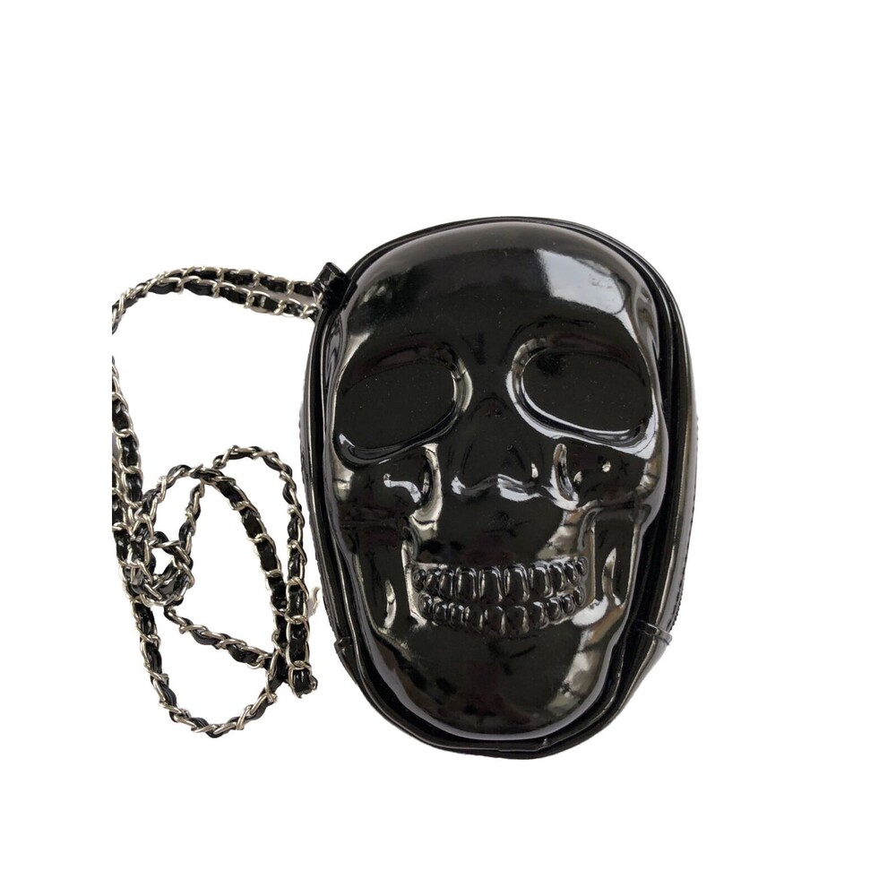 Skull Purse Crossbody Chain Link Strap Black Patent Leather